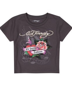 Rose Heart Baby Tee - Charcoal