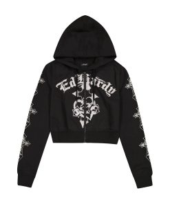 Crosses Zip Front Rhinestone Hoodie